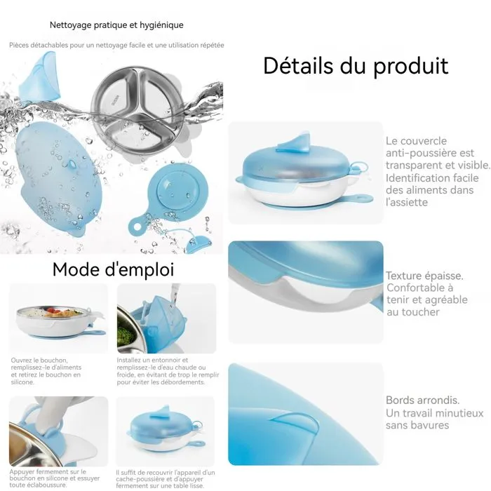 TD® Assiette chauffante bebe antidérapante eau chaude silicone 6 mois et plus enfant apprentissage alimentation bol compartiments-1