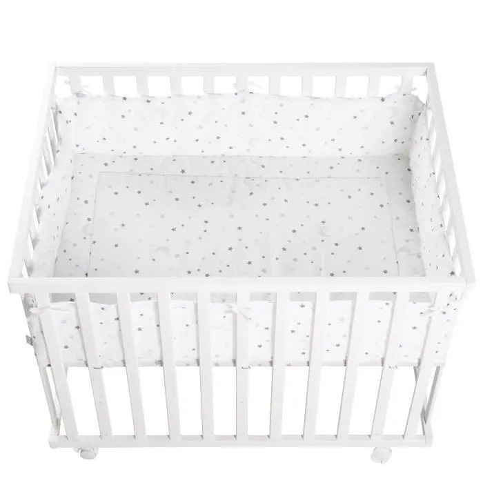 ROBA Parc Bébé 100x75 cm + Tour de parc "Sternenzauber" Imprimé Étoiles + 4 Roues - Bois blanc-0