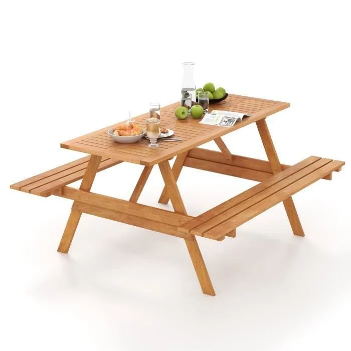 COSTWAY Ensemble Table de Pique-Nique et 2 Bancs, 6 Personnes, en Bois, Trou pour Parasol, Conception à Lattes, Charge Total 230 KG-0