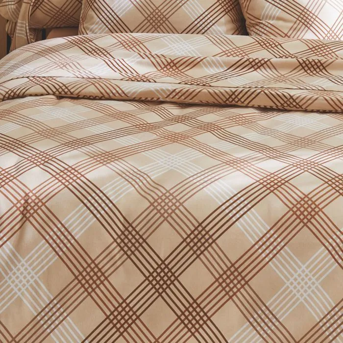 Parure de couette - Flanelle - Beige foncé - 140x200 cm - Motif graphique - 2 taies d'oreiller-1