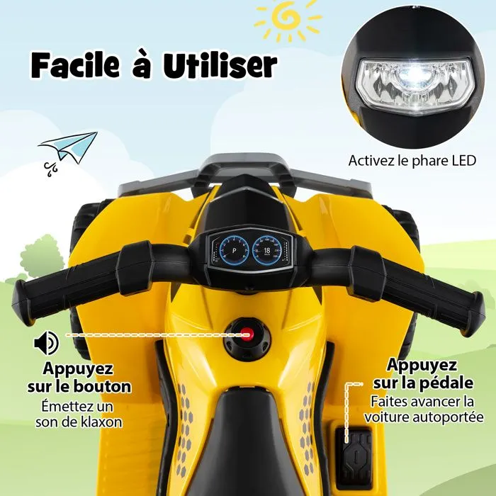 COSTWAY Quad Electrique pour Enfants 6V 4 Ah, Voiture Électrique Enfants avec Klaxon, LED, Pédale, 18 à 36 Mois, Jaune-4