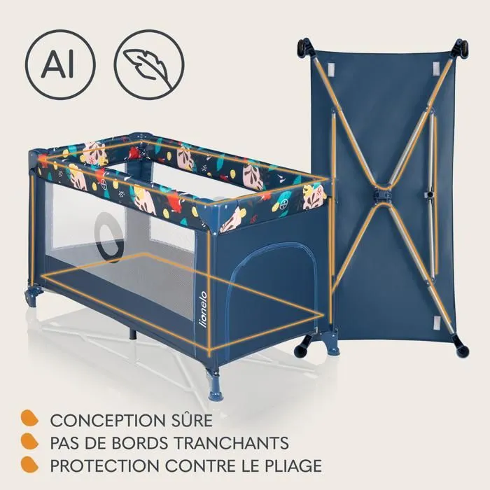 Lit parapluie compact 2en1 LIONELO Stefi - Parc bébé - 0-36 mois - Sac inclus - Pliage Rapide - 2 x Roulettes - Bleu multicolore-4