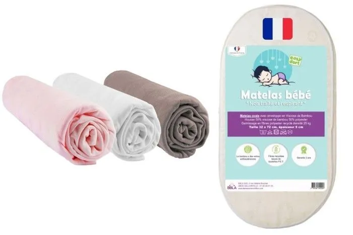 KIT PRATIQUE BEBE Matelas 32x72 Couffin Berceau Bébé Bambou + 3 Draps housse Bambou Couffin Fille | Oeko-Tex | Fabrication France UE-0