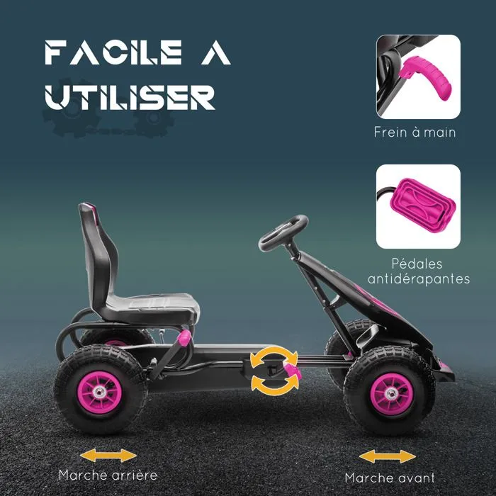 Kart à pédales pour enfant HOMCOM Go-kart siège réglable 3 positions frein à main pneus antidérapant enfant de 5 à 12 ans rose noir-5