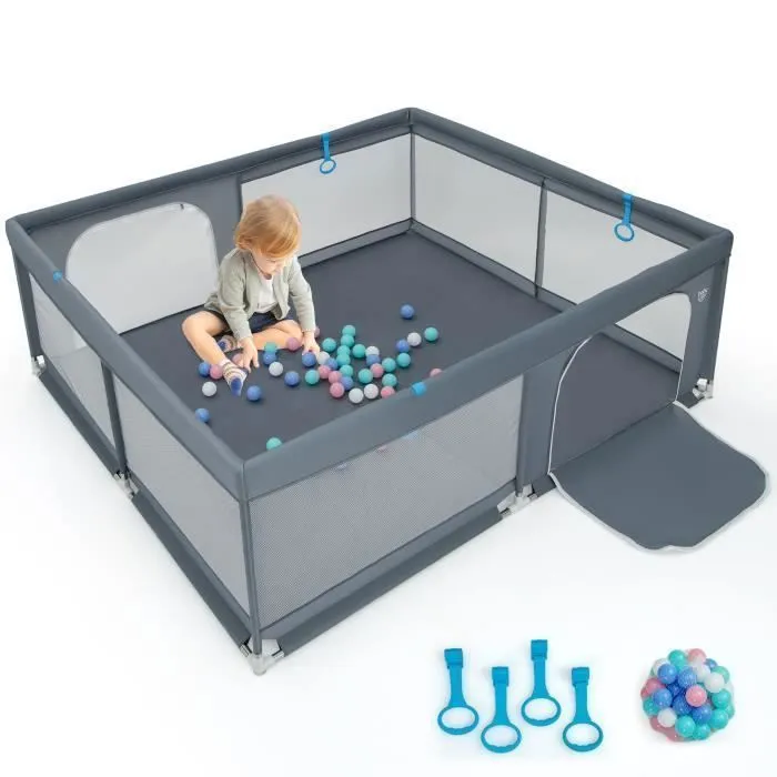 Parc Bébé 200 x 180 cm COSTWAY-50 Boules-Maille Douce Respirante-2 Porte à Glissière-Base Antidérapante-4 Anneaux de Traction-Gris-0