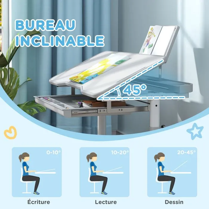 Bureau enfant avec chaise - AIYAPLAY - réglable en hauteur, plateau incliné 45°, tiroir et support de livre, gris-4