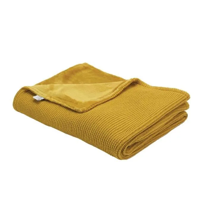 Couverture pour bébé - TROIS KILOS SEPT - Réversible - Jaune - Ocre - Flanelle et tricot-0
