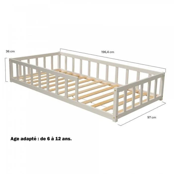 Lit Nino 90x190 + 1 sommier + barrière /Blanc-3