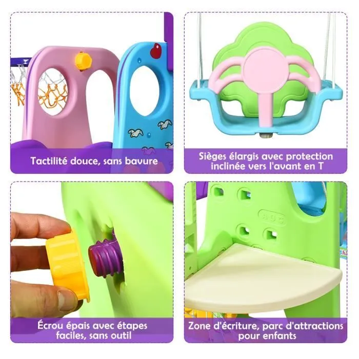 COSTWAY Ensemble Toboggan Balançoire 6 en 1: Basket-ball, Football, Escalade, Jeu Boucle - Exterieur Intérieure 3 - 8 Ans Violet-2