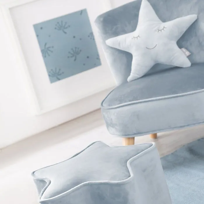 ROBA Fauteuil et Pouf Enfant Lil Sofa + Coussin Décoratif Étoile - Ensemble en Velours - Bleu clair-4