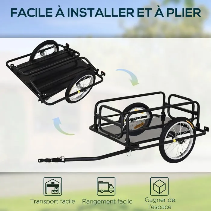 HOMCOM Remorque vélo remorque de transport pour vélo pliable 70L 139L x 71,5l x 49H cm barre d'attelage universelle acier noir-5