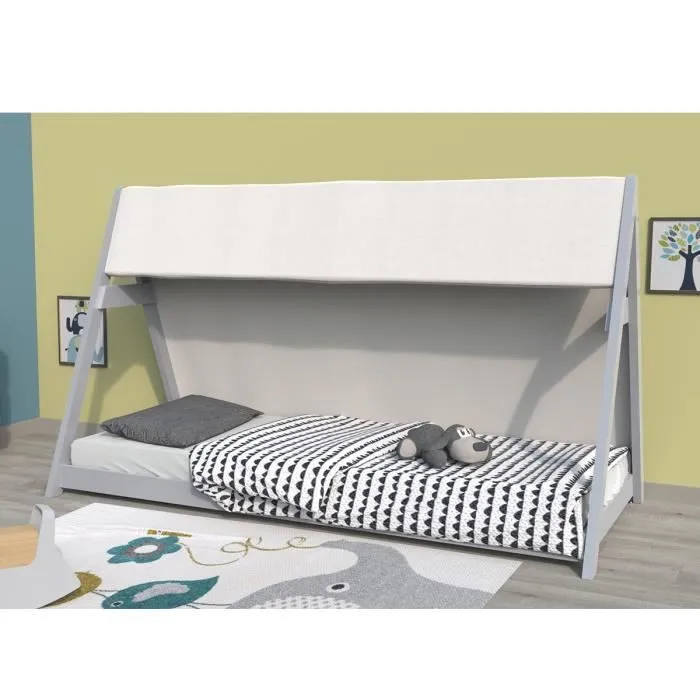 Lit cabane Tipi 90x200 cm avec sommier et toile - WEBER INDUSTRIES - Enfant - Gris-0