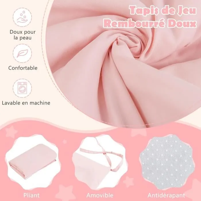 COSTWAY Tente de Jeu pour 3 - 4 Enfants 131 x 91 x 131 CM, Tapis Souple en Coton Intérieur-Extérieur, 3 Ans+ Rose-3