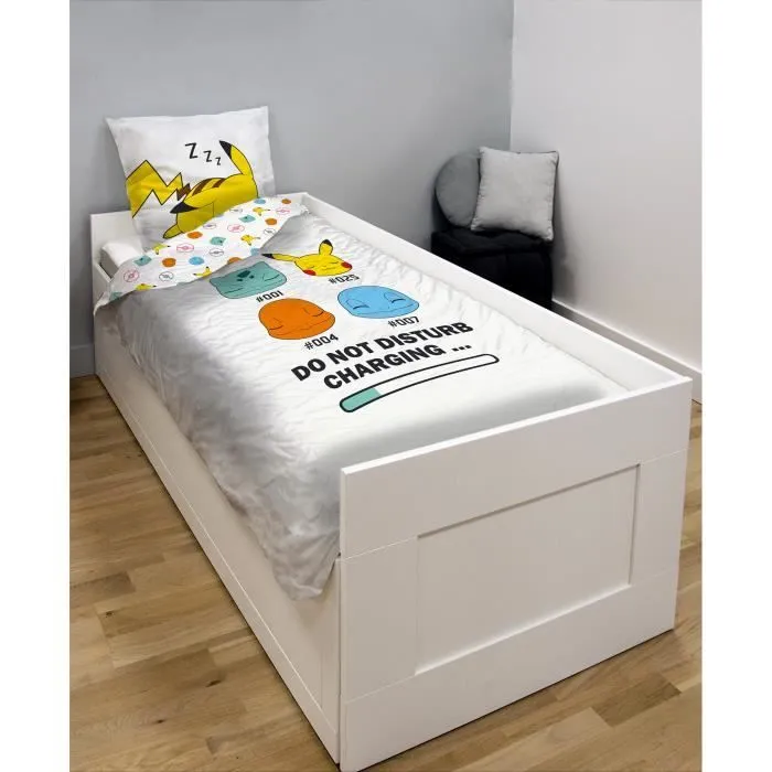 Parure de lit Pokémon - Housse de Couette 140x200cm + Taie d'oreiller 63x63cm - 100% Coton - Blanc-1