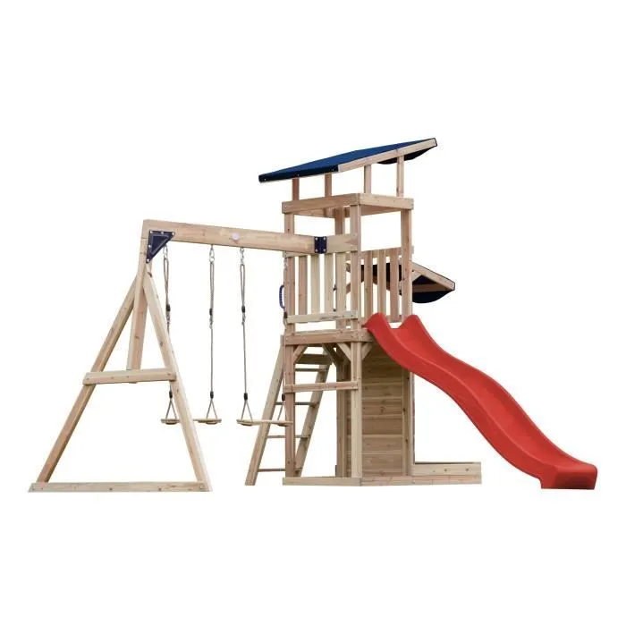 Aire de Jeux - AXI - Malik - Double Balançoire - Toboggan 220cm - Bac à Sable-0