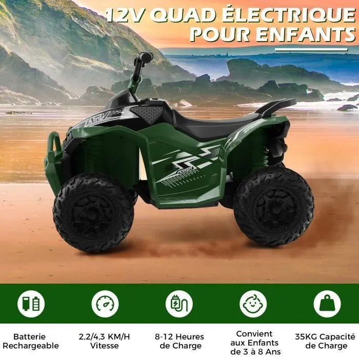 COSTWAY Quad Electrique pour Enfants 12V7Ah, LED, Musique, Klaxon, Roues Larges, pour Enfants 3 à 8 ans, 96 x 58 x 70 cm, Vert-3