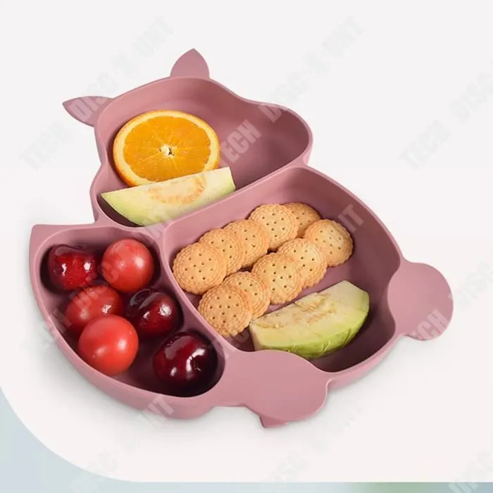 TD® Ensemble de vaisselle d'alimentation pour enfants plaque de compartiment en silicone écureuil bol anti-chute à forte aspiration-2