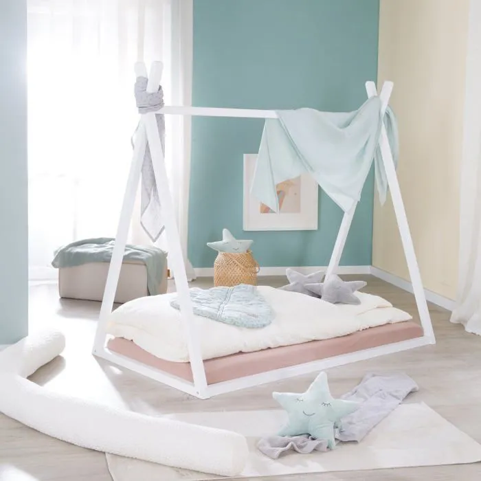 Lit Tipi 70 x 140 cm pour Enfants ROBA - Bambou Certifié FSC - Lit Indien pour Garçon et Fille - Bois Laqué Blanc-1
