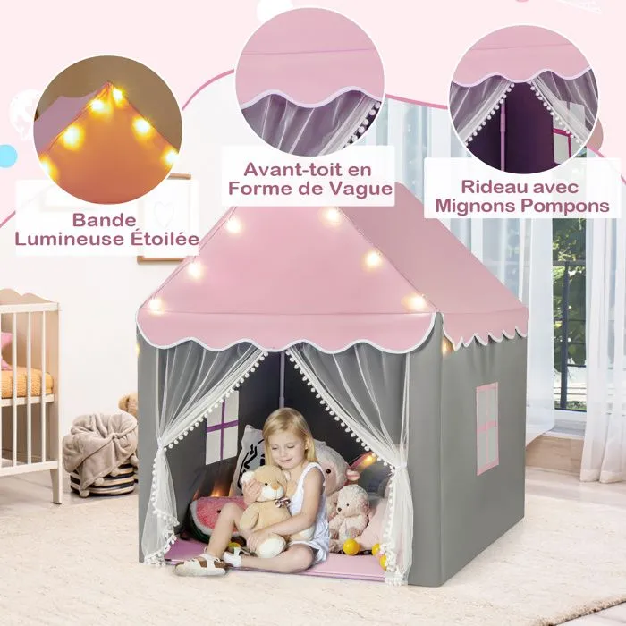 Tente de Jeux pour 4 Enfants COSTWAY-Tapis en Coton Amovible et Lavable-Lumières Étoiles- Fenêtre et Rideau-105 x 121 x 136 cm-Rose-4