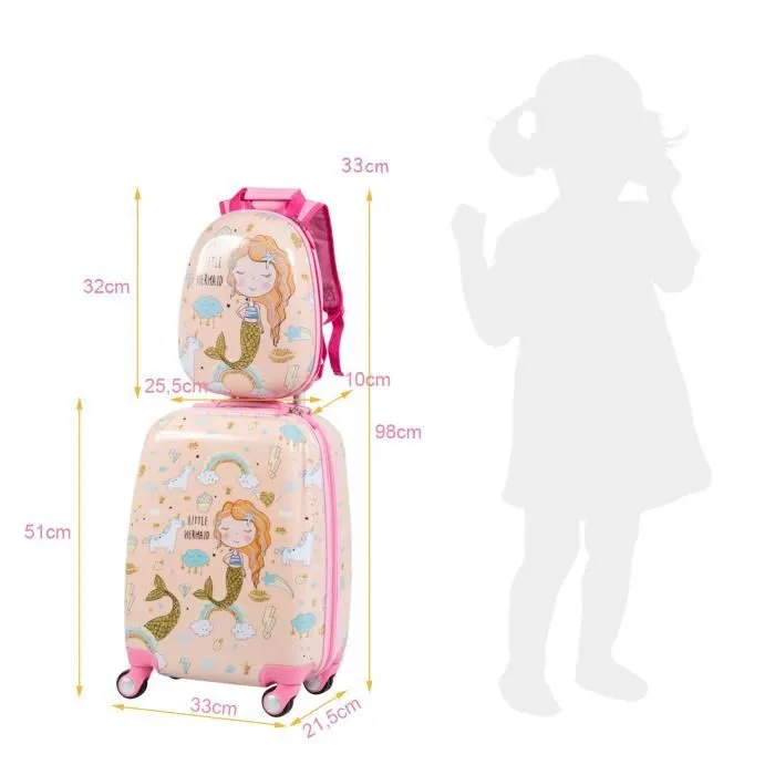 Valise Enfant 18" et Sac à Dos 12" - COSTWAY - Dessin Sirène - 4 Roulettes - Poignée Réglable-3