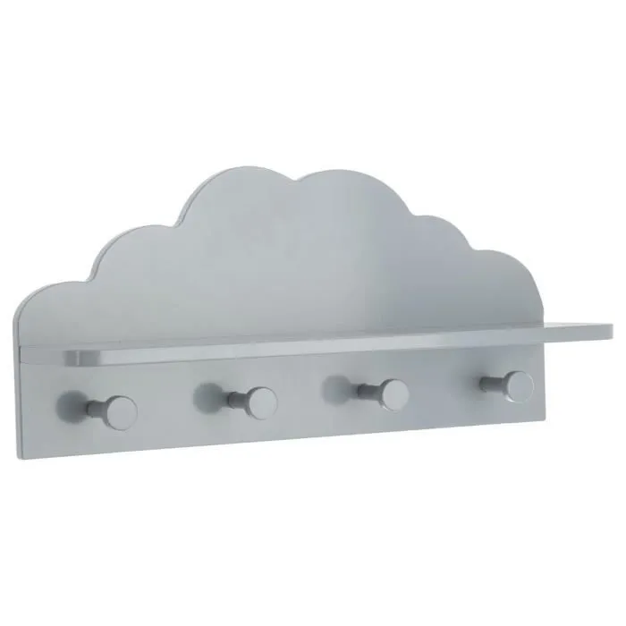 Patère enfant - Nuage - Gris - MDF et bois de pin - 4 accroches - Dimensions 48x22x12 cm-0