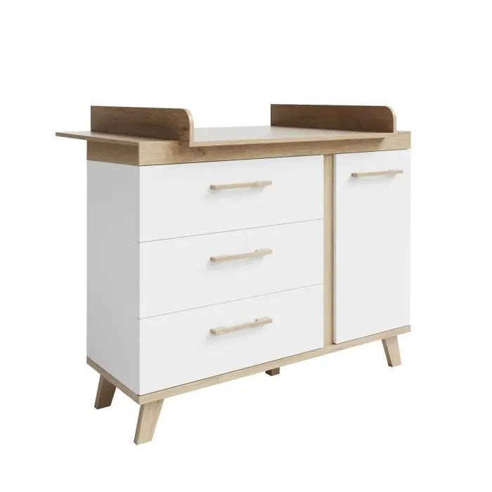 ROBA Commode à Langer Smile - 3 Tiroirs + 1 Porte - Convertible - Poignées et Pieds en Bois Massif - Blanc - Effet Bois-2