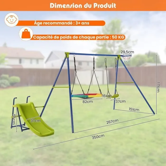 COSTWAY Portique avec Balançoire Nid d'Oiseau Ronde Ø82CM,Toboggan,Panier de Basket 4 en 1 Balançoire Extérieure Réglable 3-12 ans-3