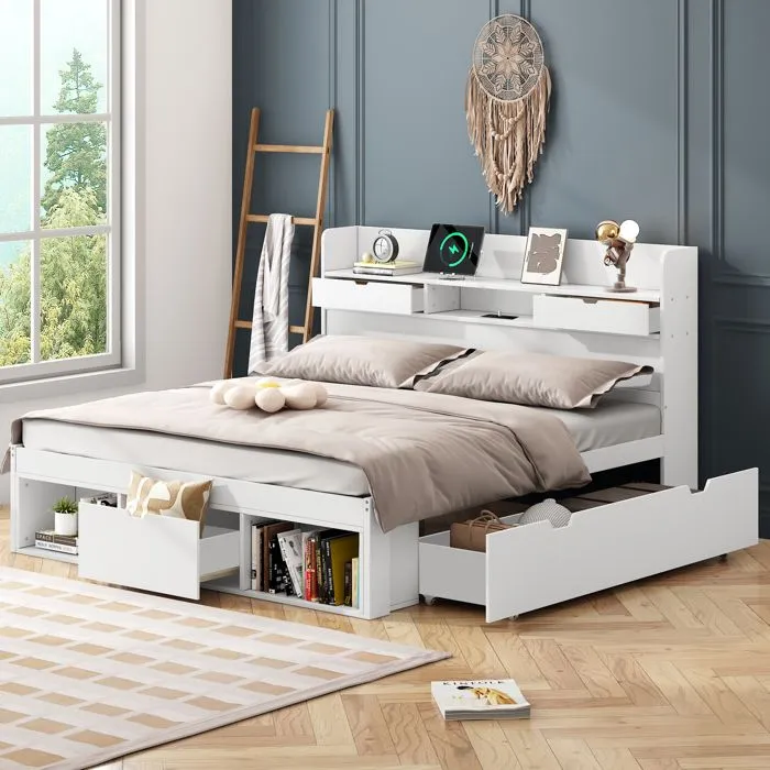 Lit multifonctionnel - Blanc - 140x190 cm - Port USB - Tiroirs - Armoire de rangement-2