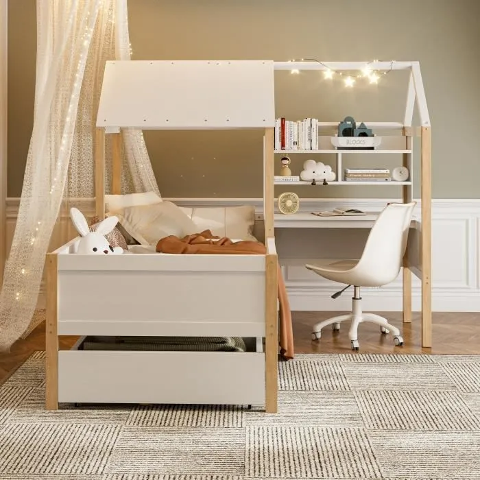 Lit cabane - DREAMMESPACE - 90x200 cm - Bois massif - Bureau intégré - 1 tiroir de rangement-1