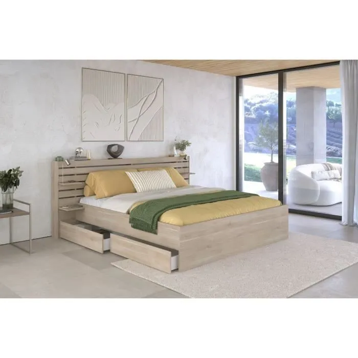 Lit adulte ESCALE 180x200 cm - Décor chêne du Japon - 2 tiroirs + Tête de lit - L235.4 x H98,2 x P216,8 cm - Fabriqué en France-1