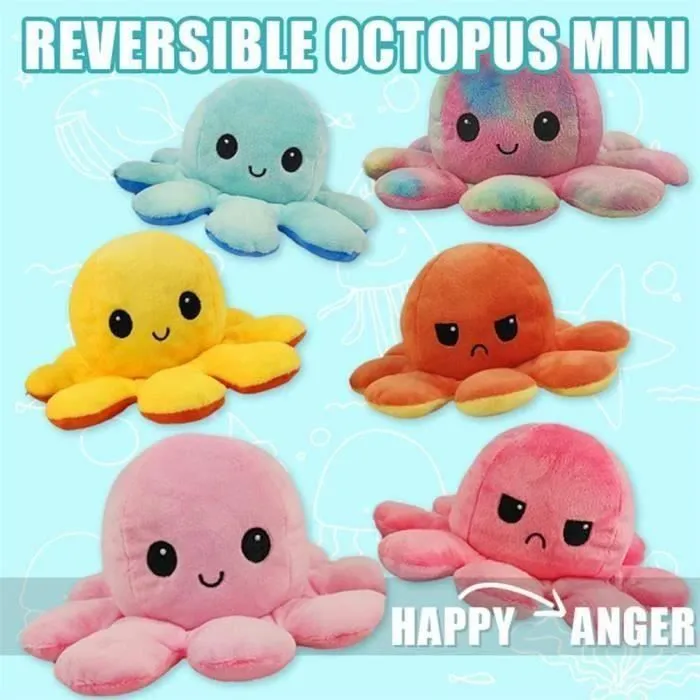 Jouet en Peluche Pieuvre Mignonne Jouet en Peluche Double Face Flip Octopus, Jolie poupée de Poulpe réversible, poupée danimaux-3