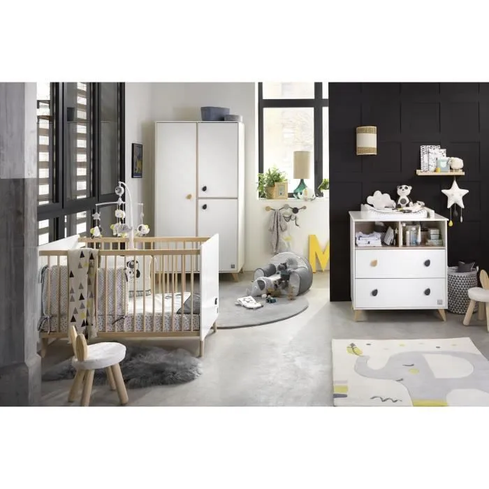 Chambre bébé trio OSLO - Lit 120x60 + Commode à langer 2 tiroirs étoiles + Armoire 3 portes - SAUTHON-0