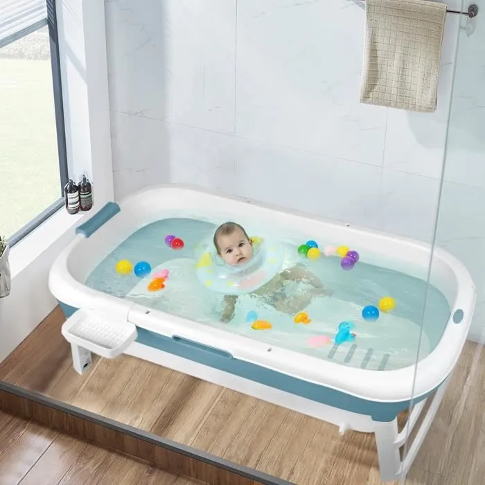 LZQ Baignoire pliable adulte, couvercle amovible, accoudoirs, panier à savon, PP+TPE, 128x62x52cm, bleue, pour salle de bain et SPA-3