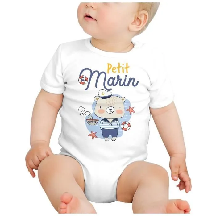 Body Bébé Manche Courte Blanc Petit Marin Dessin Illustration Bateau Mer-1