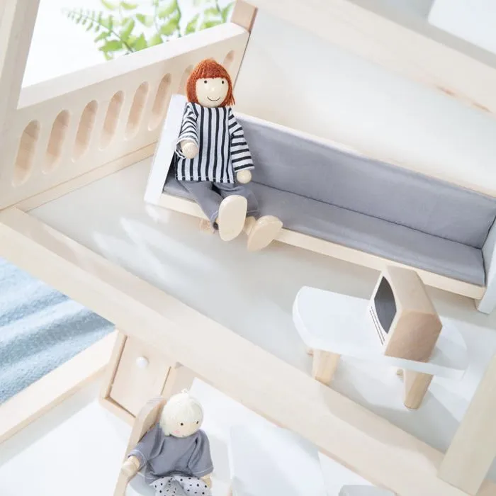 ROBA Maison de Poupée à 3 Étages en Bois Naturel + 16 Pièces de Mobilier et 4 Poupées - Jouet d'Imitation-4