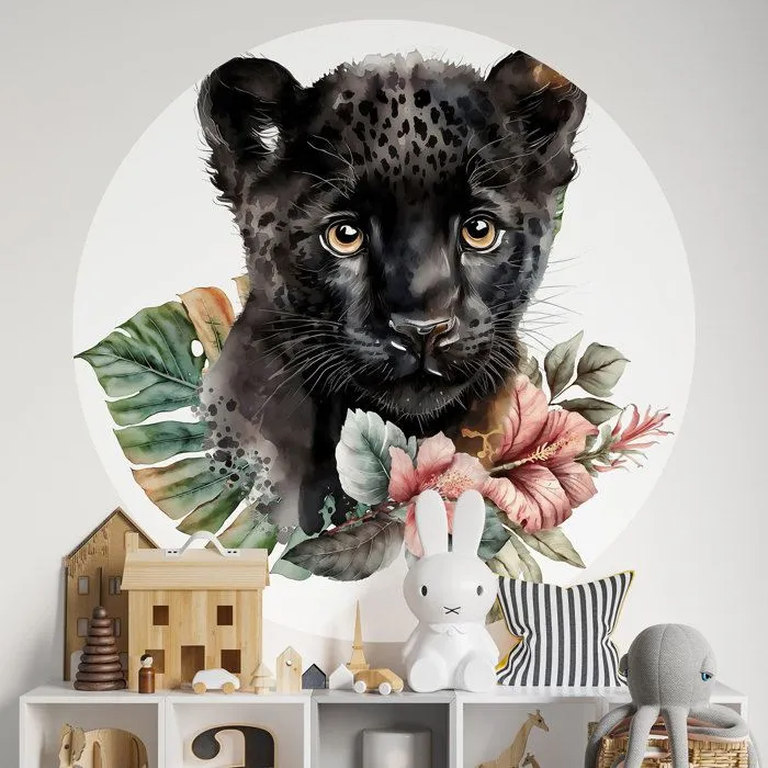 Sticker mural rond - Petite Panthère Noire - Diamètre 120 cm - Vinyle - Adhésif BRILLANT - Enfant-0