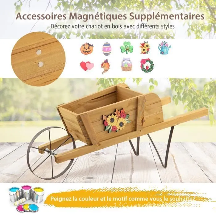 COSTWAY Brouette Décorative en Bois pour Plantes avec Roue Flexible,9 Accessoires Magnétiques, 2 Longues Poignées Jardin,Terrasse-1