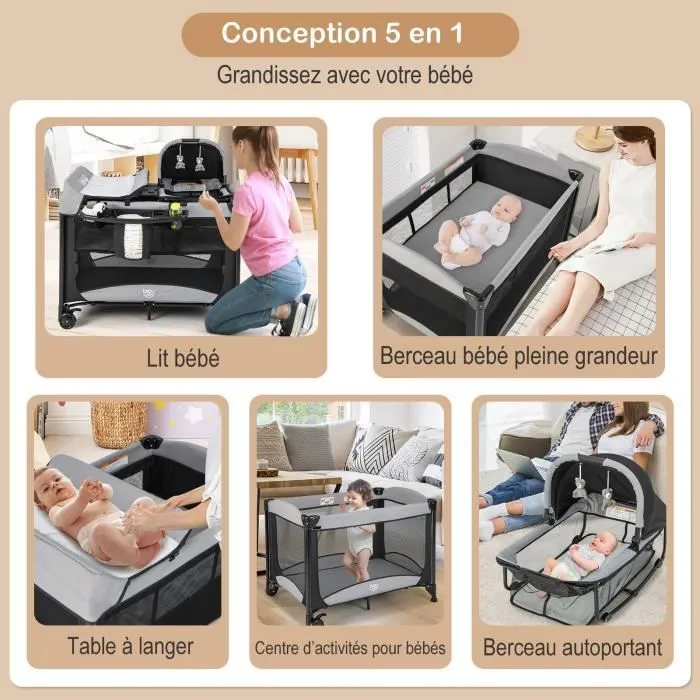 COSTWAY Lit Parapluie Bébé Pliant 5 en 1 Berceau de Voyage Amovible avec Matelas,Auvent Réglable,2 Jouets,Table à Langer Noir-1