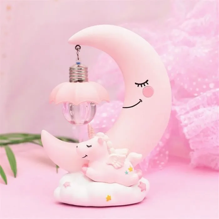 Veilleuse Licorne Lune en Résine - TANBABY - Dessin Animé Bébé Lampe de Chevet Enfant Fille - Cadeau De Noël-0