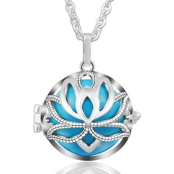 Bola de grossesse fleur de lotus avec boule bleue * Longueur collier : 114 cm * Matière pendentif : Cuivre, plaqué argent *-0