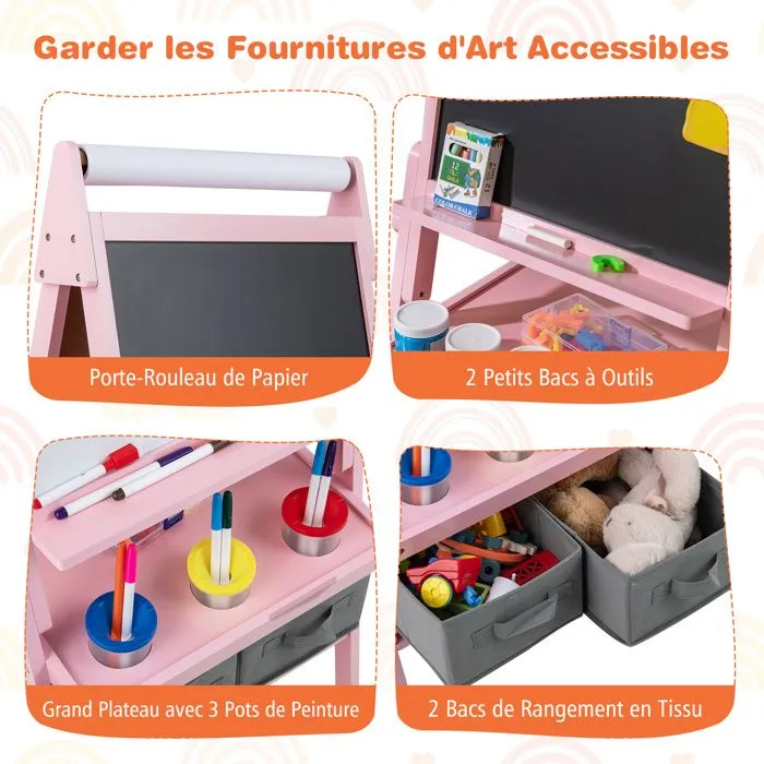 COSTWAY Chevalet d'Art 3 en 1 -Tableau Noir & Blanc Magnétique,Rouleau de Papier & 2 Bacs en Tissu pour Enfants 3-6 Ans Rose-4