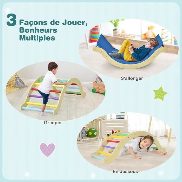 COSTWAY Triangle d'Escalade Réversible 4 en 1 pour Enfants, Grimper et Glisser Montessori en Bois Colorée-1