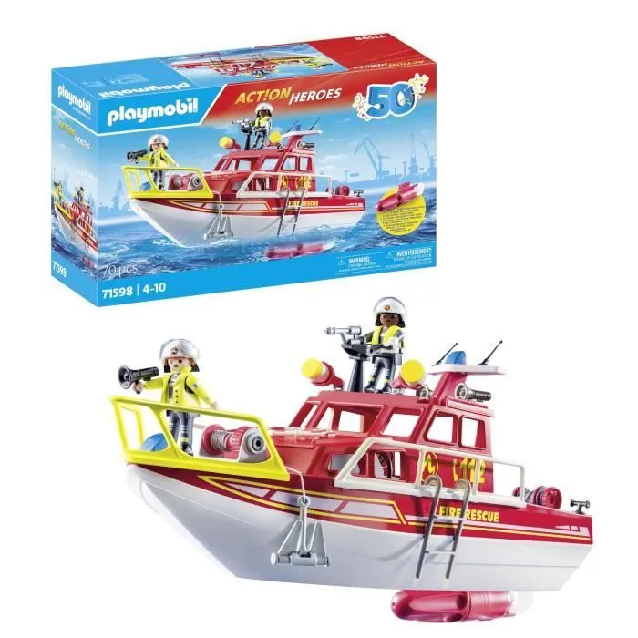 PLAYMOBIL 71598 Bateau de sauvetage et pompiers, Les pompiers, Action Heros, Dès 4 ans-0