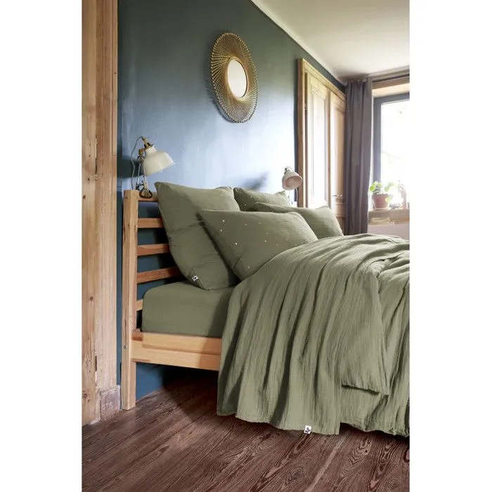 Parure de draps 5 pièces 1 Drap plat 240 x 300 + 1 Drap housse 140 x 190 + 2 Taies 60 x 60 + 1 Taie de Traversin Gaïa Romarin-0