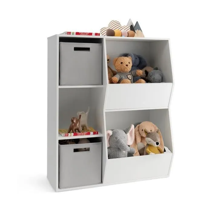 COSTWAY Bibliothèque pour Enfants à 5 Compartiments-2 Bacs en Tissu, 3 Étagère de Rangement Ouverts pour Jouets, 77 x 33 x 93,5 cm-0