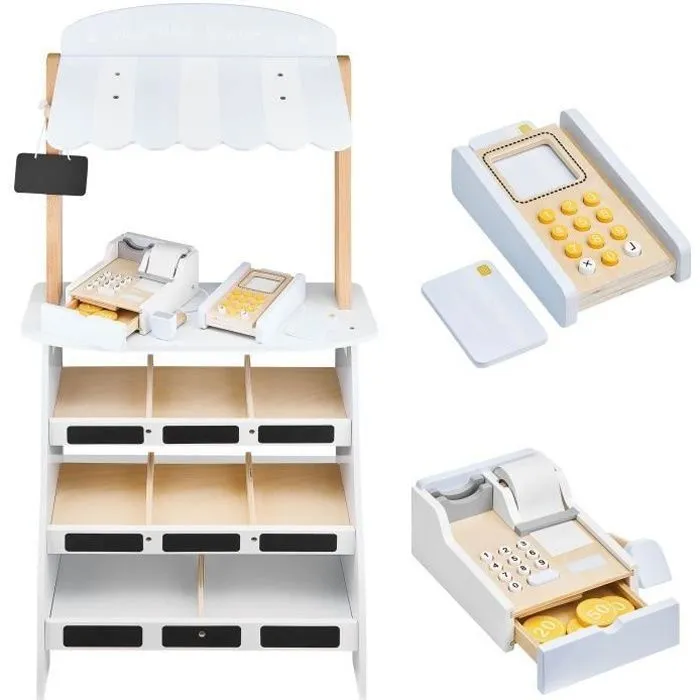 Mamabrum Marchande Enfant en Bois 48 *22,5 * 99 CM - Grand Stand Vendeur Caisse Enregistreuse, Monnaies, Terminal Paiement - Blanc-0