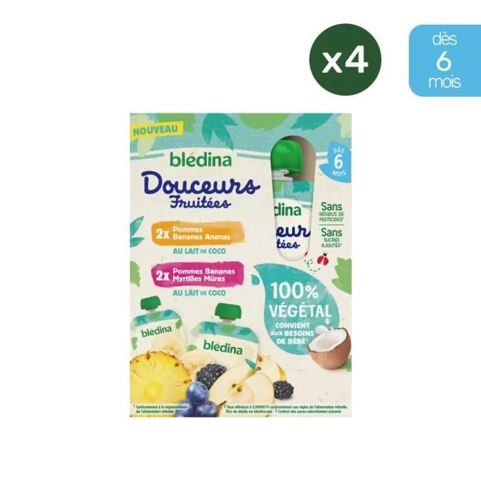16 Gourdes 100% végétal Fruits & Lait de Coco 4x(4x90g) - Blédina Dès 6 Mois-1