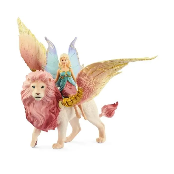 Figurine Elfe sur lion ailé, Figurine fée détachable chevauchant un lion rose magique avec des parties mobiles, figurine magique-0