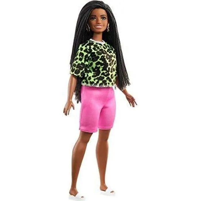 Barbie Fashionista Muñeca afroamericana curvy con camiseta de neón de leopardo, pantalones rosas y a-0