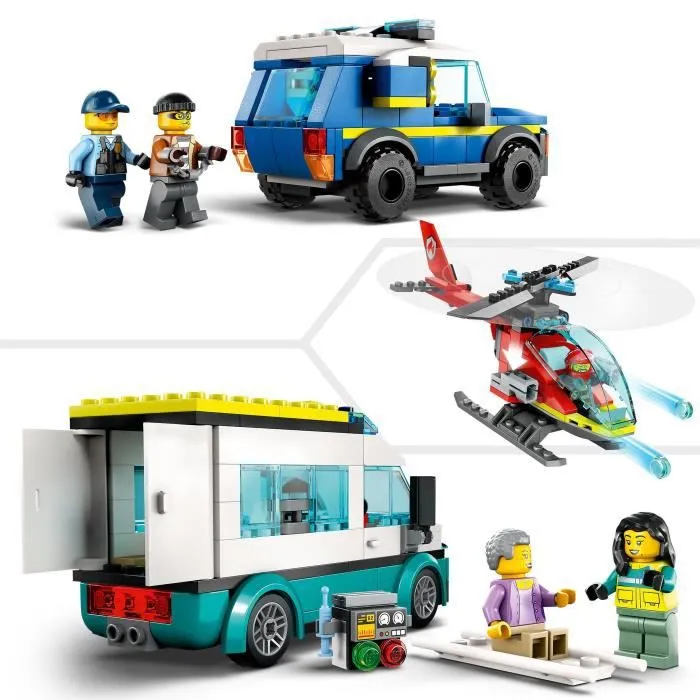 LEGO® City 60371 Le QG des Véhicules d’Urgence, Hélicoptère Jouet, Moto et Voiture de Police-4